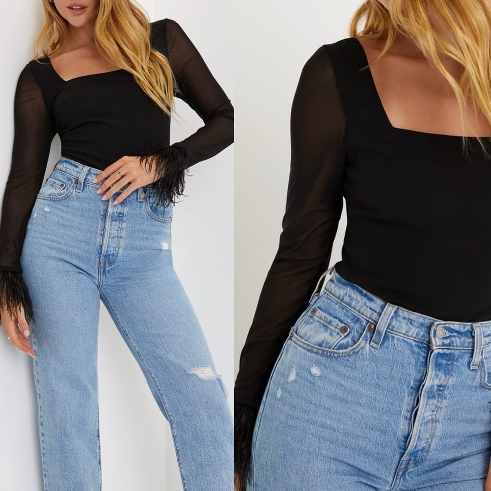 NWOT Effortlessly Luxe Black Feather Long Sleeve Bodysuit